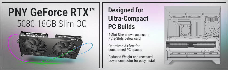 Text reads: 'PNY GeForce RTX 2080 16GB Slim OC', 'Designed for Ultra-Compact PC Builds'. Graphics card product packaging or promotional image.