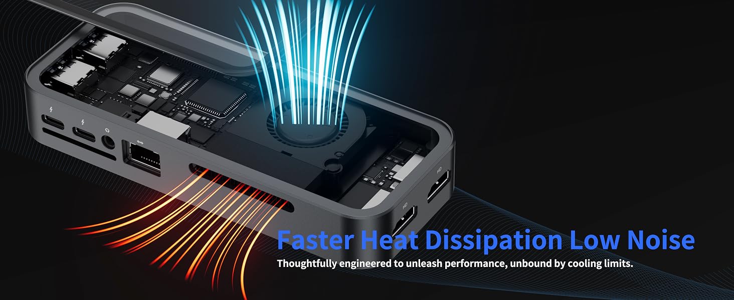 Text reads 'Perfect Heat Dissipation Low Noise'. Computer graphics card illustration showing blue light effects for cooling and red heat dissipation arrows.