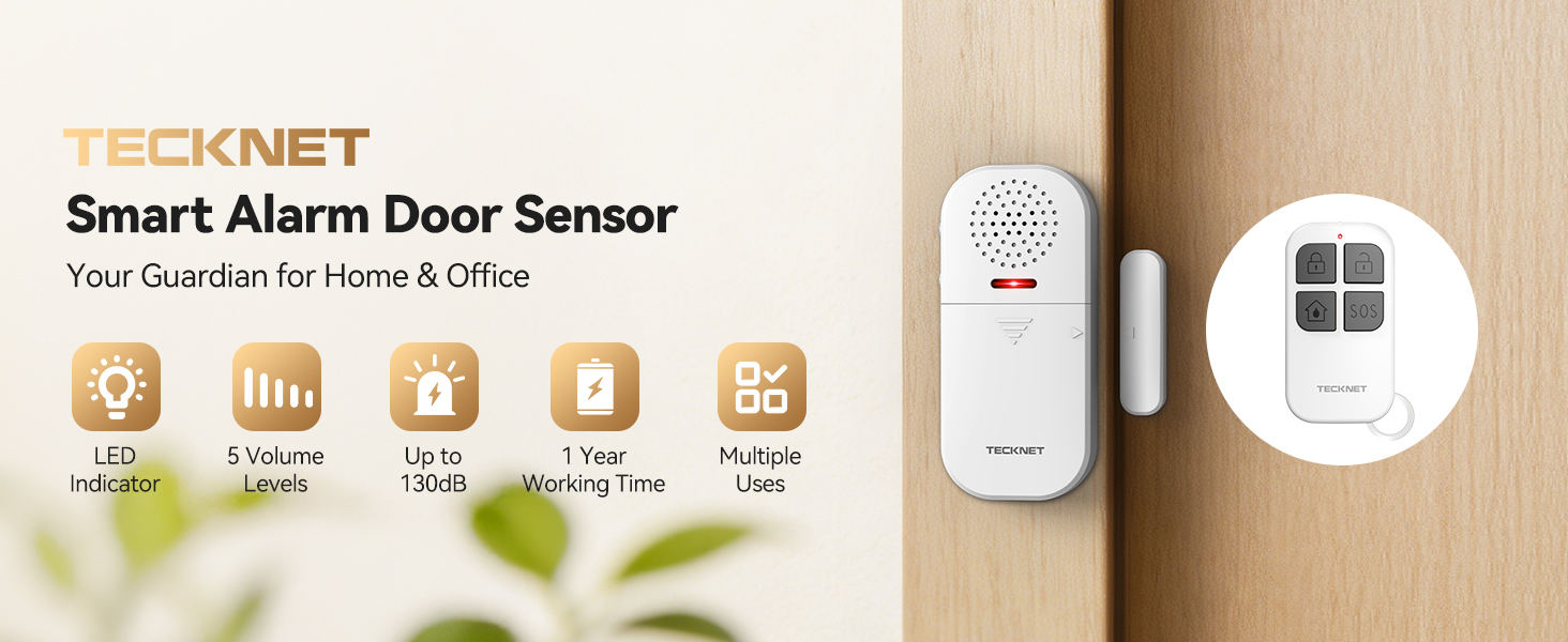 Text reads 'Smart Alarm Door Sensor'. Product interface showing multiple icons for different security functions and settings, mounted on a wall surface.