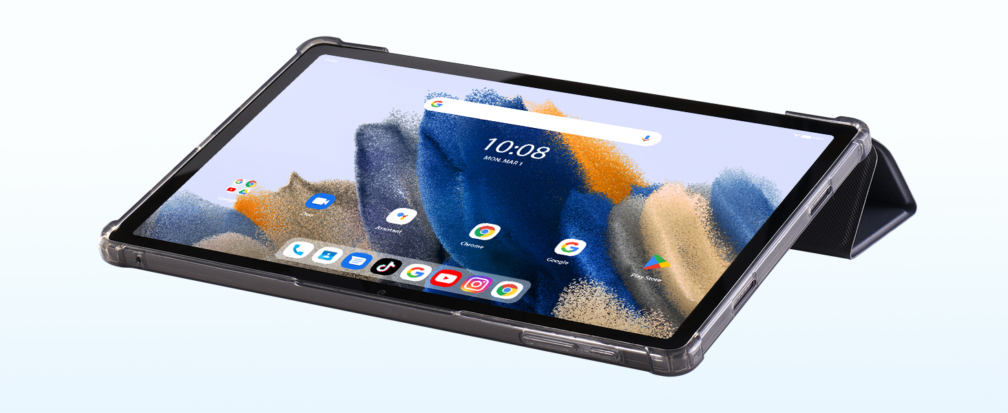 Tablet device in a protective case, standing in landscape orientation. Screen displays app icons and a colorful background image.
