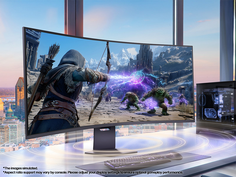 Ultra-wide curved gaming monitor displaying fantasy combat scene with magical purple effects. Setup includes secondary display in dark room with city view through windows.