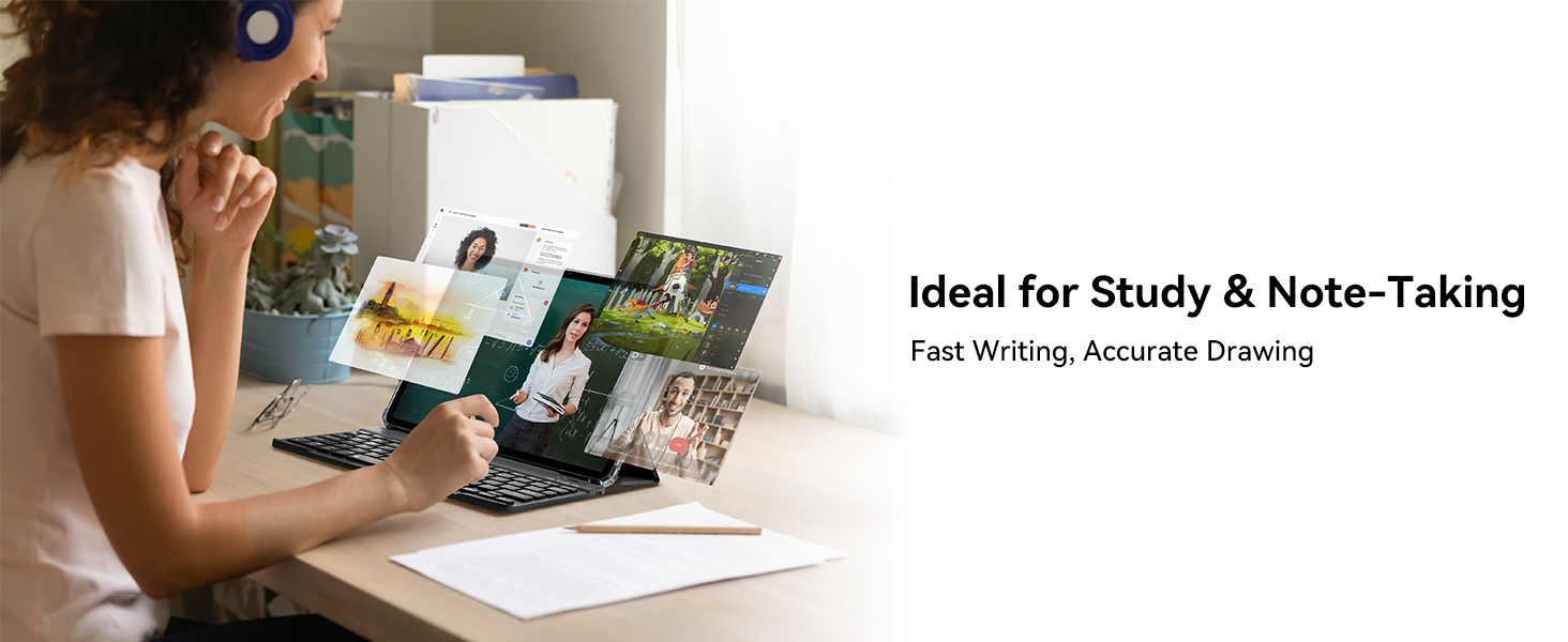 Text reads 'Ideal for Study & Note-Taking'. Shows person at desk using digital devices and study materials.