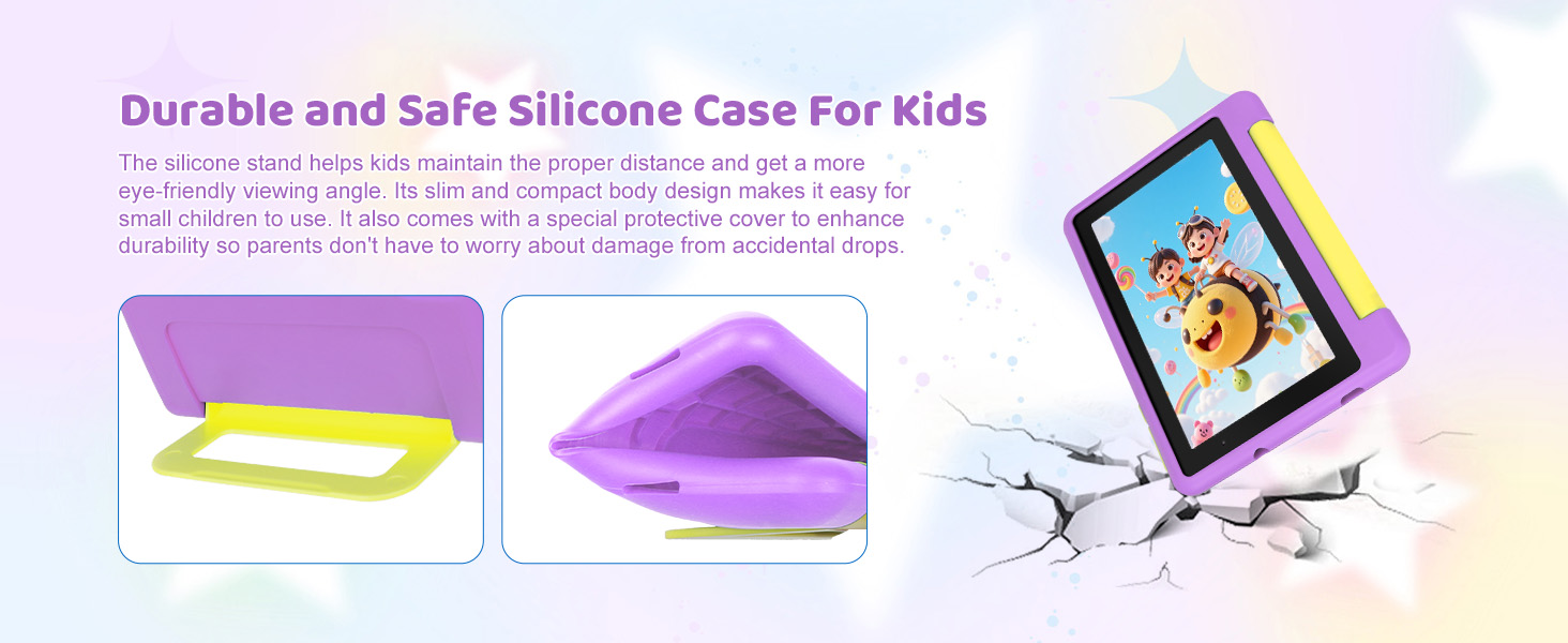 Text reads 'Better Eye Protection for Kids.' Screen display with purple border showing animated children's content and three feature icons indicating eye protection benefits.