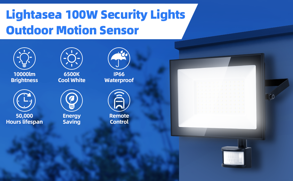 Outdoor security light with motion sensor. Features 1000lm brightness, 6500K cool white, IP66 waterproof, 50,000 hours lifespan, energy-saving, and remote control capabilities.