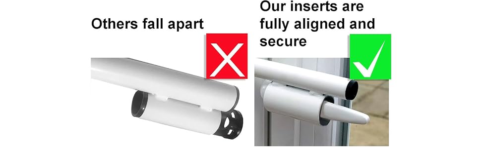 Comparison image: Left shows misaligned furniture insert, right shows properly aligned insert labeled as 'Our inserts are fully aligned and secure'.