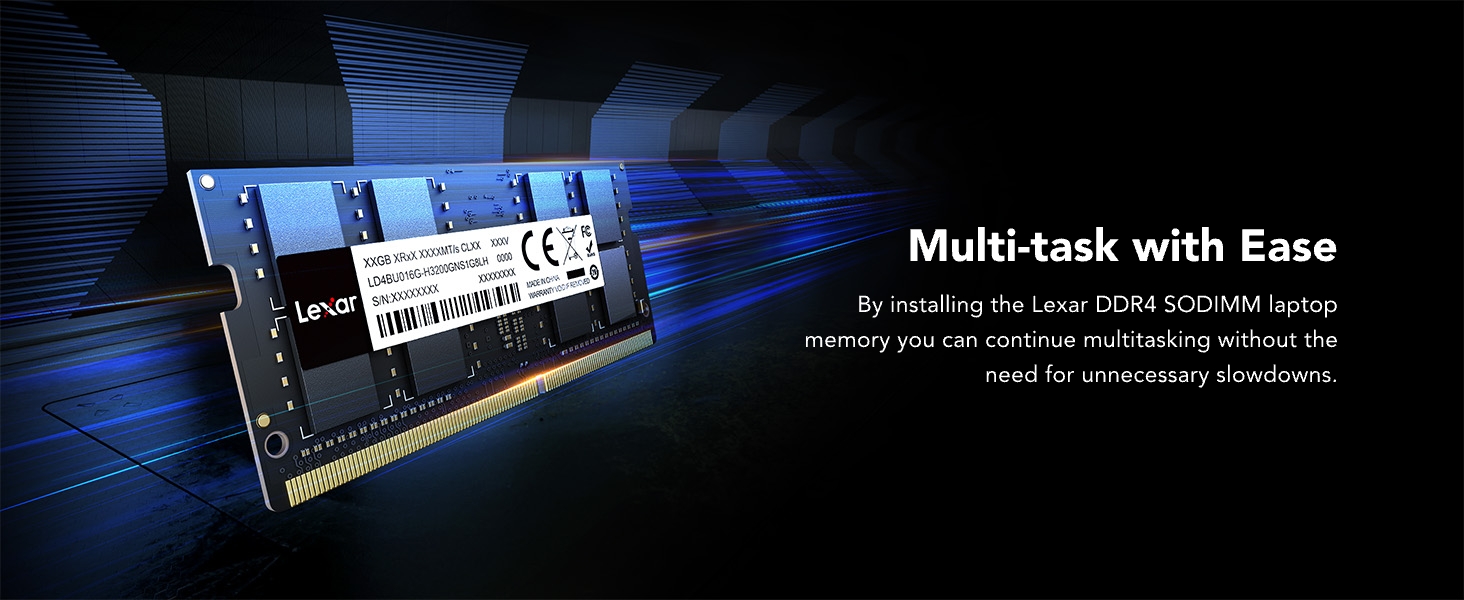 Text reads 'Multi-task with Ease'. Computer memory module shown with blue digital circuit pattern background highlighting performance capabilities.