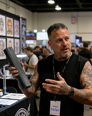 Text reads 'TATTOO STUDIO'. Retail display showing black t-shirts with gothic designs hanging on rack. Counter setup with papers and supplies.