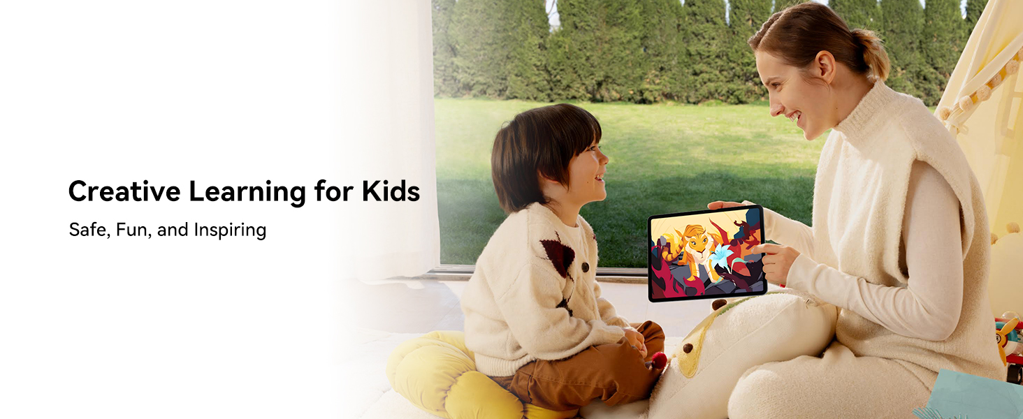 Text reads: 'Creative Learning for Kids'. Shows educational or learning materials with cartoon-style illustrations and interactive elements.