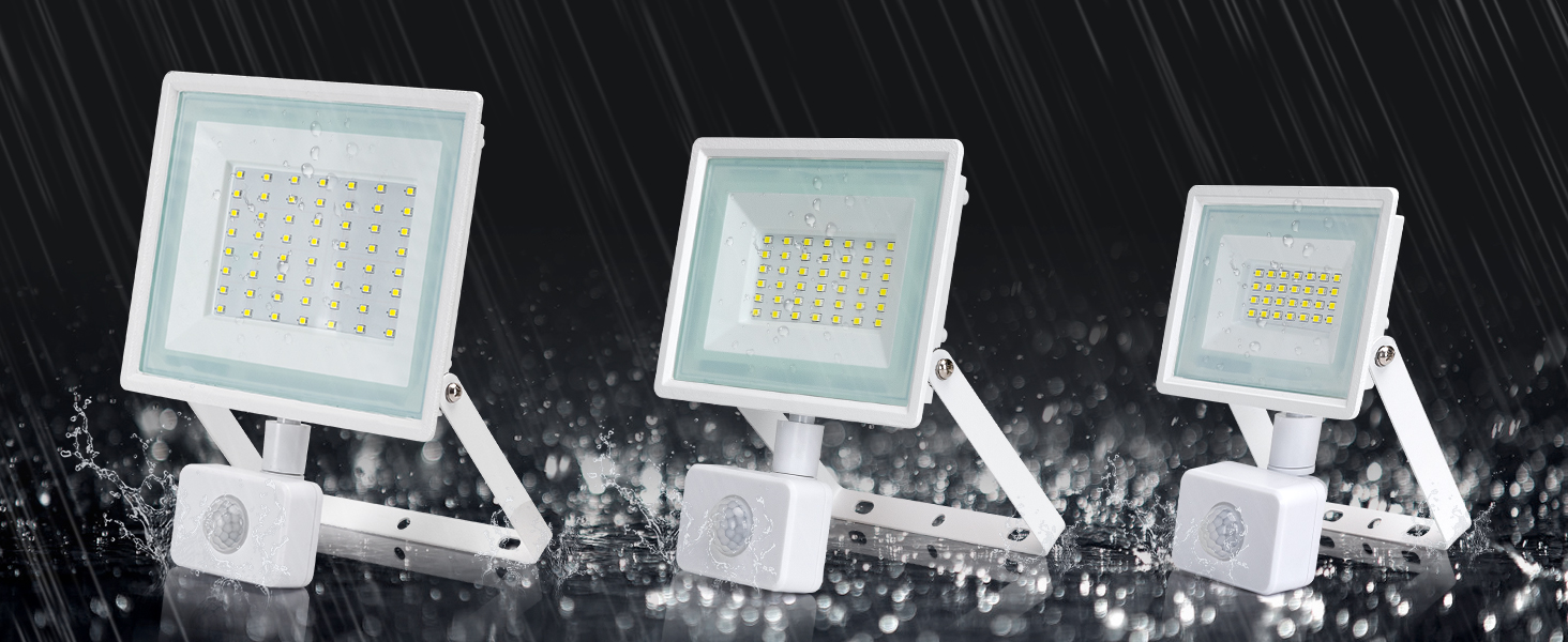 Three white LED flood lights of decreasing sizes mounted on adjustable brackets, shown with water splash effects against dark background.