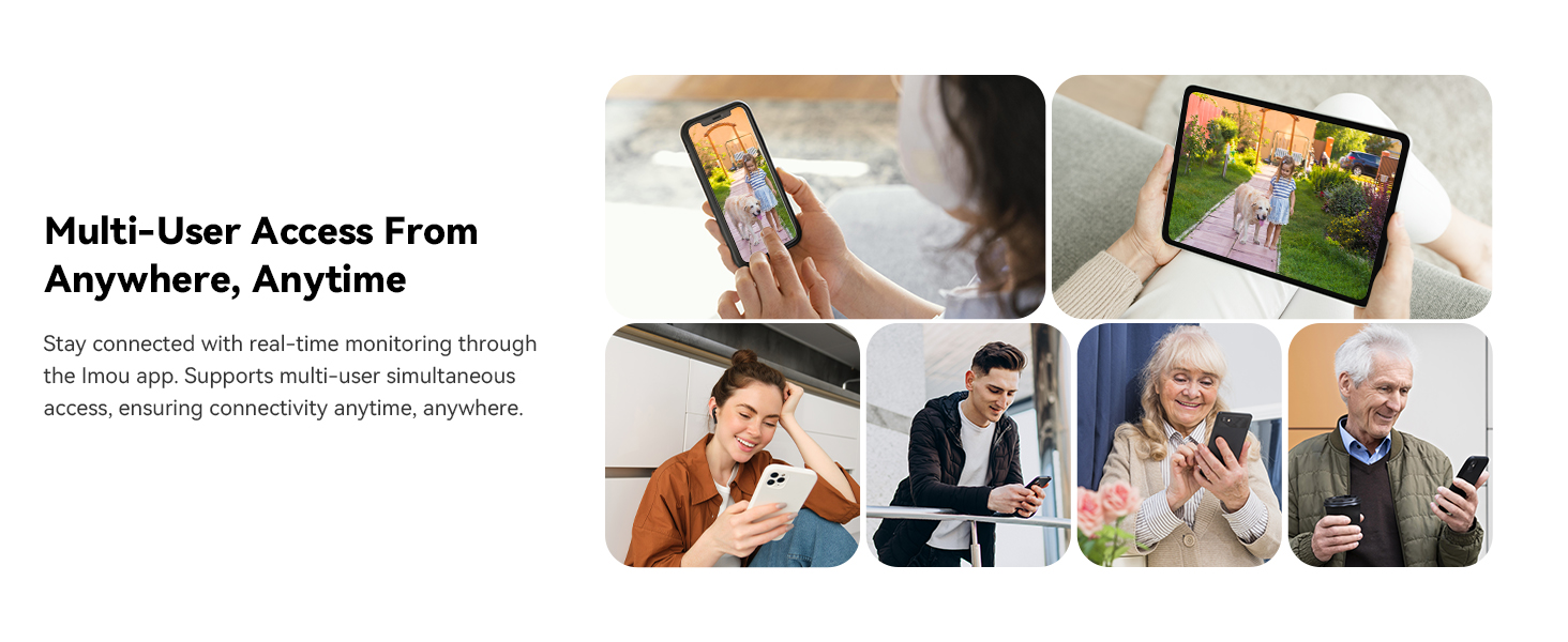 Text reads 'Multi-User Access From Anywhere, Anytime'. Composite image showing various people using mobile devices for remote access.