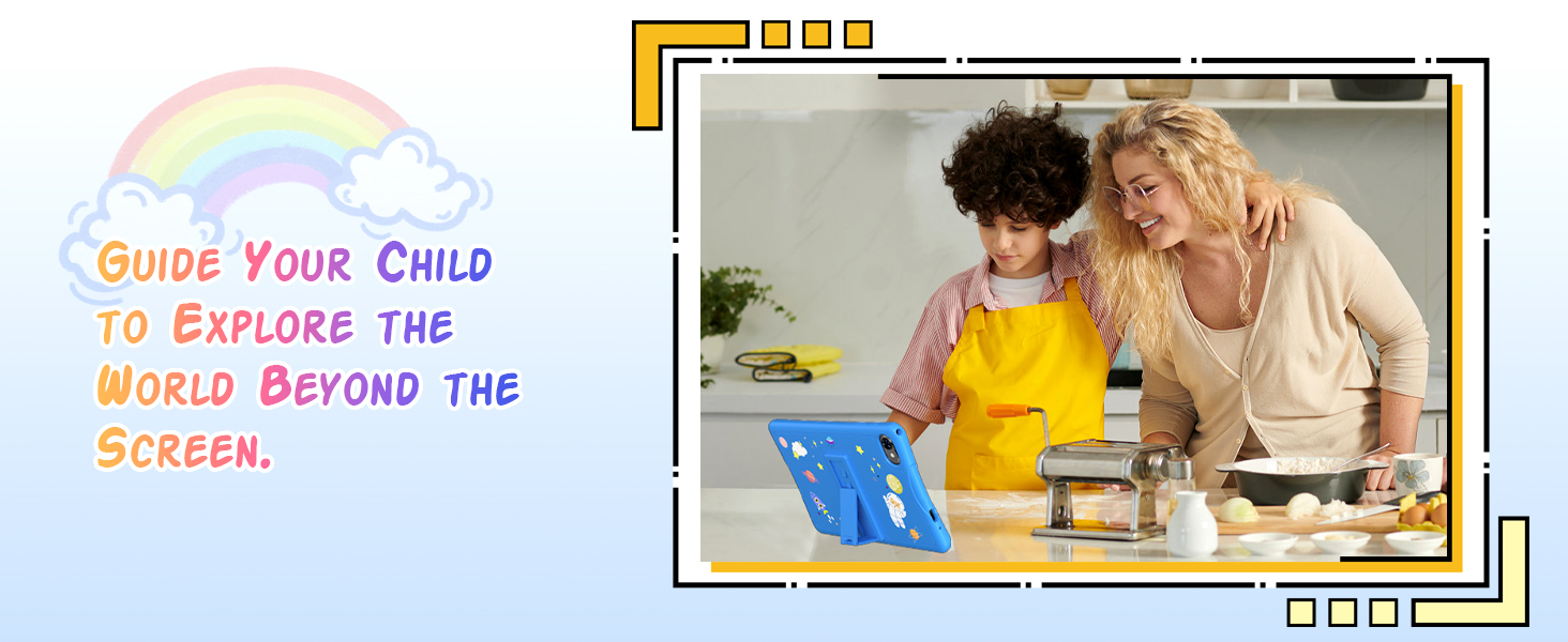 Text reads 'Guide Your Child To Explore The World Beyond The Screen'. Mother and child at table with yellow toy and blue blocks, illustrating interactive learning activity.