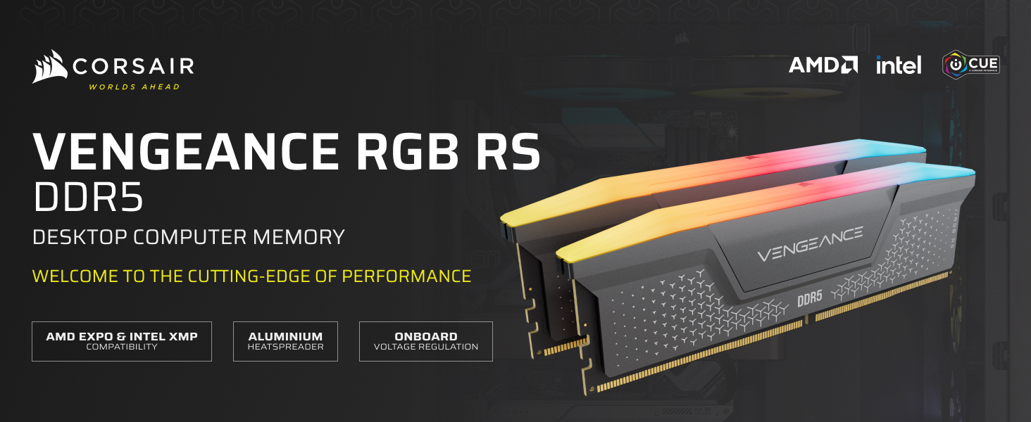 Text reads 'CORSAIR VENGEANCE RGB R5 DDR5 DESKTOP COMPUTER MEMORY'. Product image shows RGB memory modules in black with multicolored lighting effects.