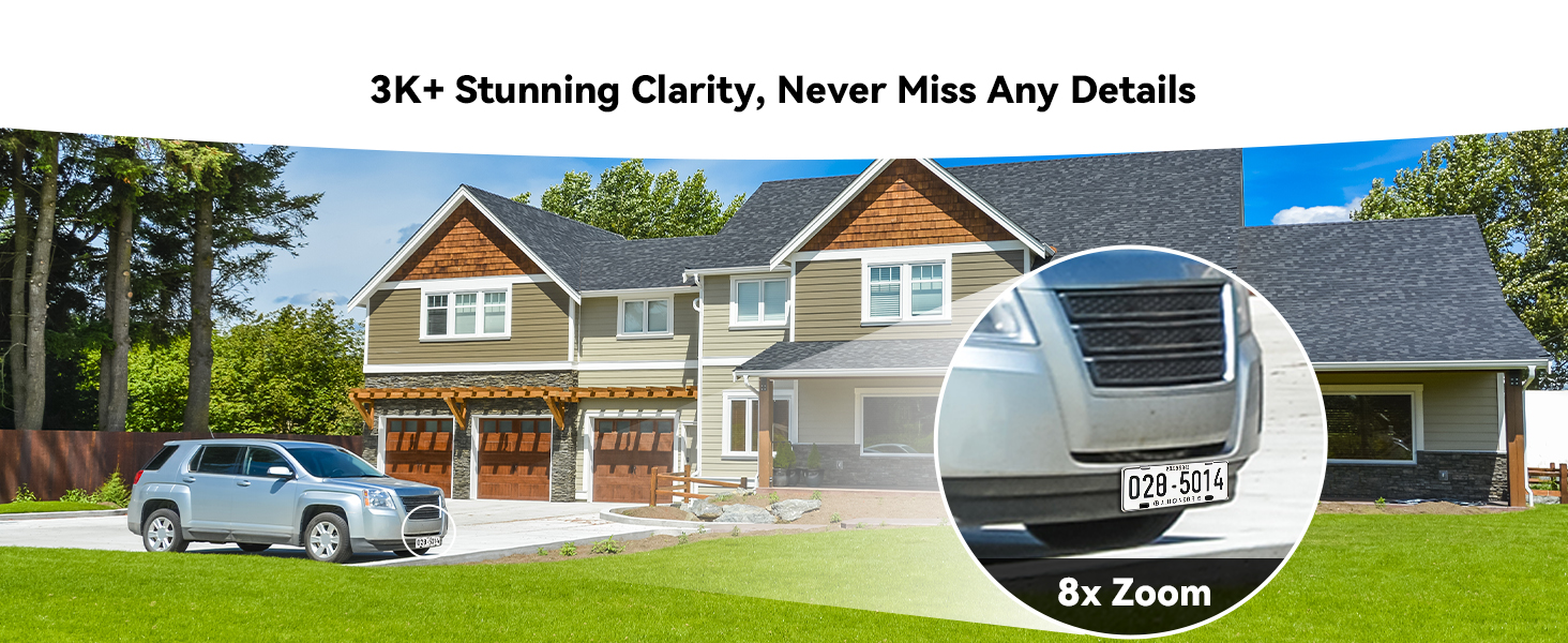 Text reads 'Image 2', '3K+ Stunning Clarity, Never Miss Any Details'. Series of exterior house photos showing different angles of suburban homes with landscaping.
