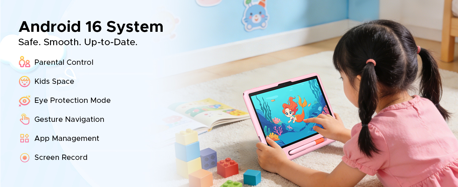 Text reads 'Android 16 System' with feature list including 'RAM 8GB', 'Storage 512GB', 'Battery Backup 1200mAh', 'Anti-Malware', 'Smart Devices'. Child using laptop with colorful interface display.