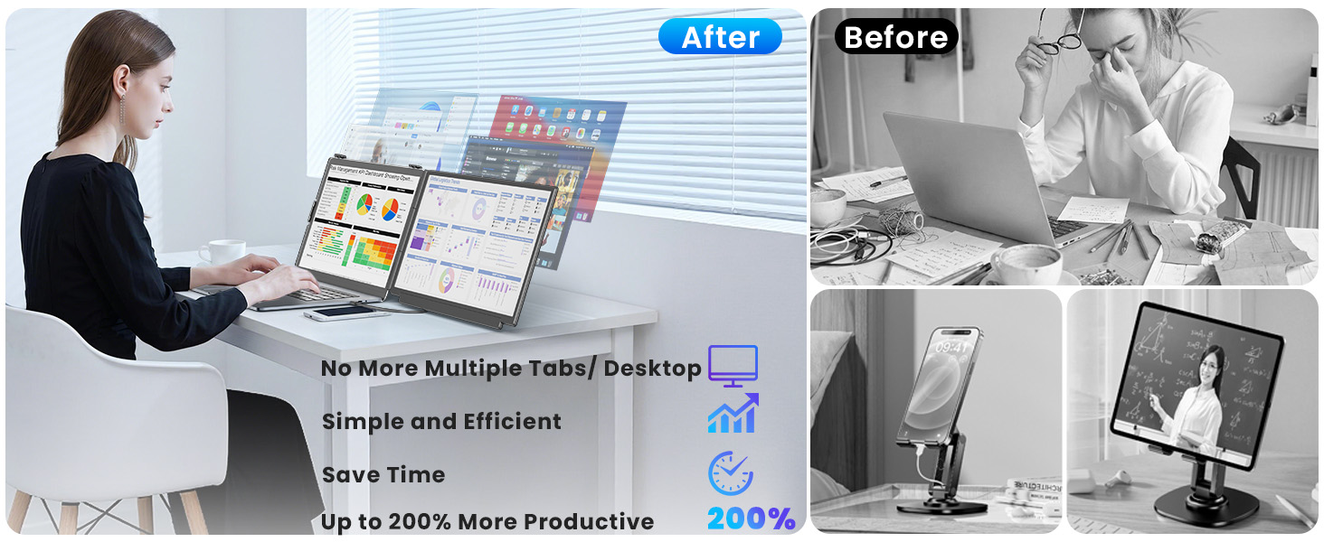 Text reads 'Smarter Workplace Robot Packages', 'Increase Productivity', 'Save Time', 'Up to 280% More Productivity'. Composite image showing office worker using interactive display screen and before/after photos of workspace efficiency.