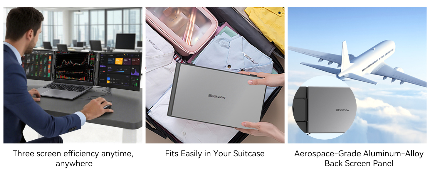Four-panel composite showing usage contexts: office worker at desk, close-up of white device held in hands, airplane in-flight view, and aerospace cabin interior. Demonstrates everyday, portable, and travel applications.