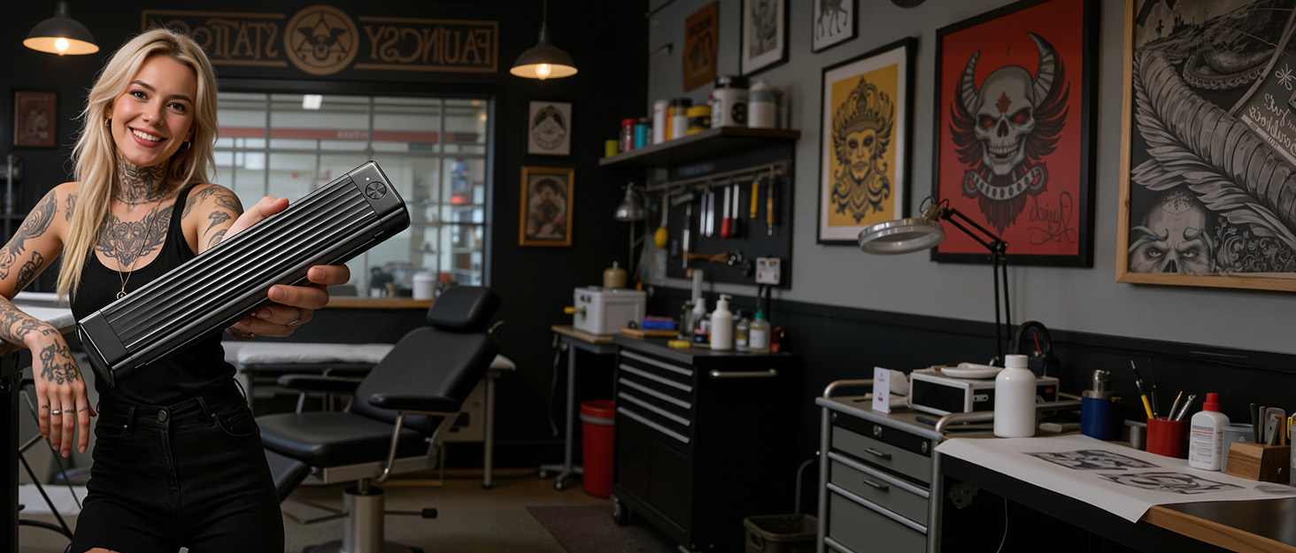 Interior shop or studio setting showing industrial decor with wall art and equipment.