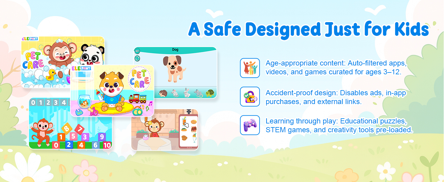 Text reads 'A Safe Designed Just for Kids'. Banner showing colorful cartoon characters and interface elements in a children's app or website design.
