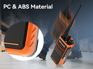 Text reads 'PC & ABS Material'. Close-up shots of orange and black device components showing material texture and construction details.