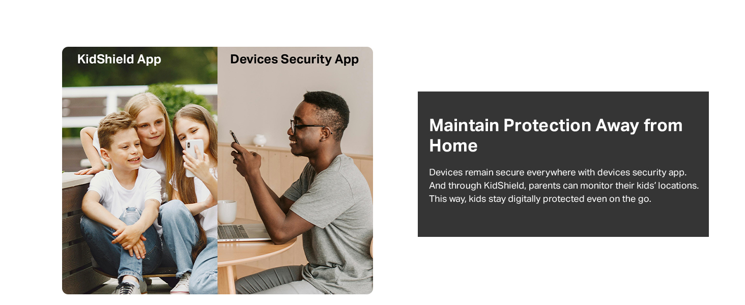 Text reads 'KidGuard App', 'Device Security App', and 'Maintain Protection Away from Home'. App interface mockup showing security features.
