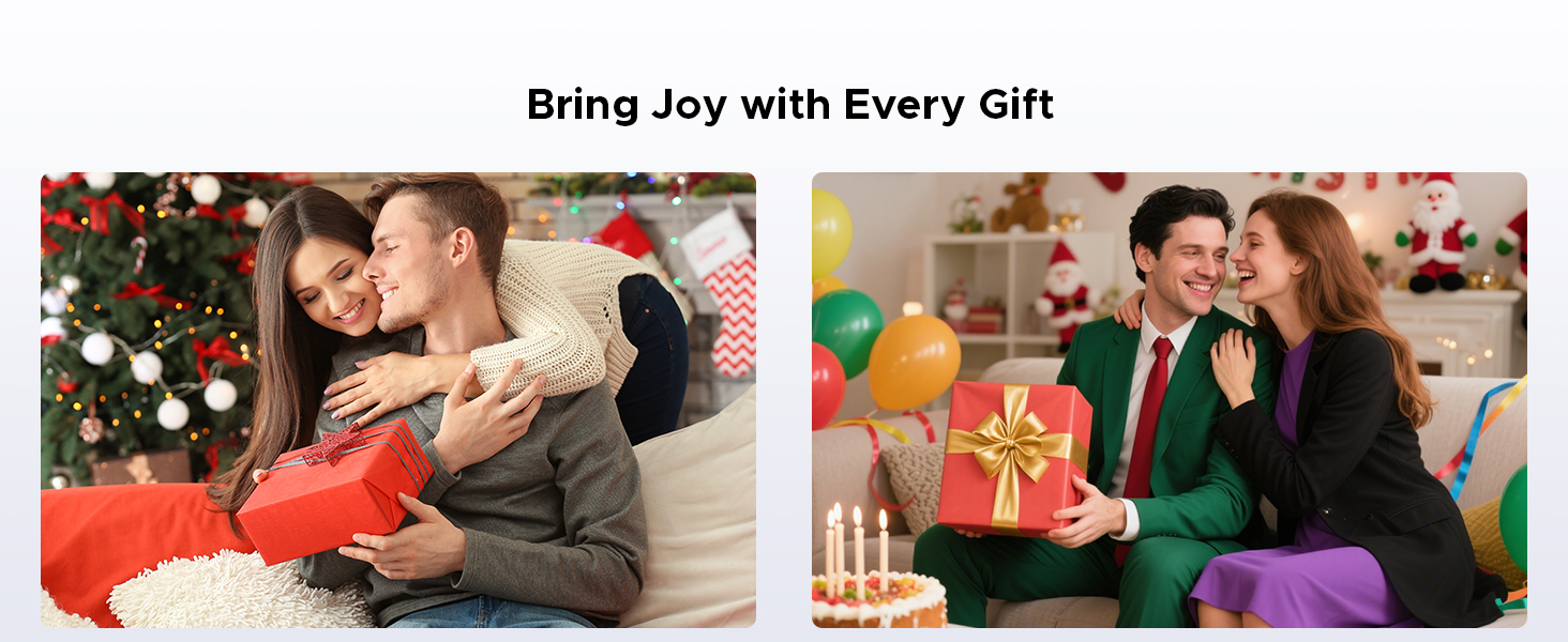 Text reads 'Bring Joy With Every Gift'. Series of images showing holiday gift-giving scenes with wrapped presents and decorative Christmas elements.