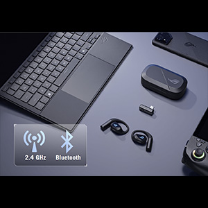 Gaming or audio device marketing images on dark purple/blue background. Shows black electronic devices with LED lighting effects against dramatic backdrop.