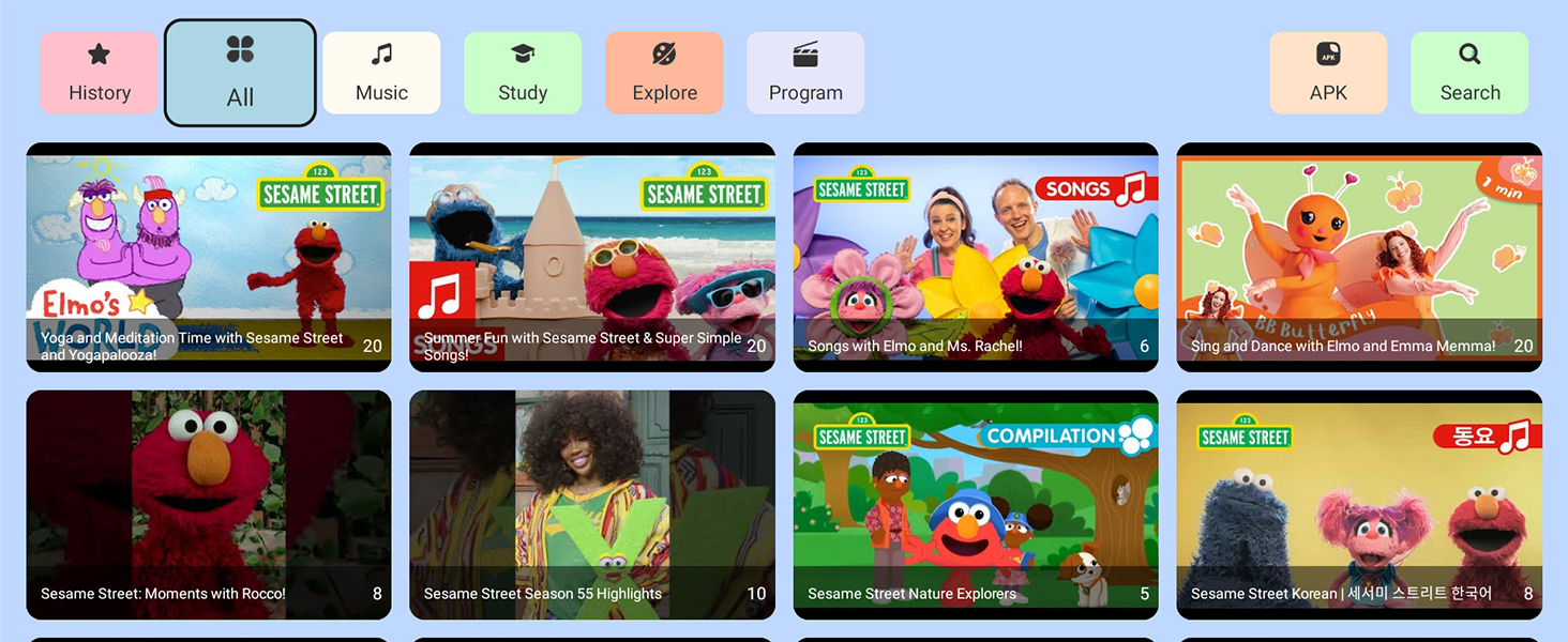 Series of colorful video thumbnails displaying Sesame Street characters in various scenes, arranged in a horizontal strip format.