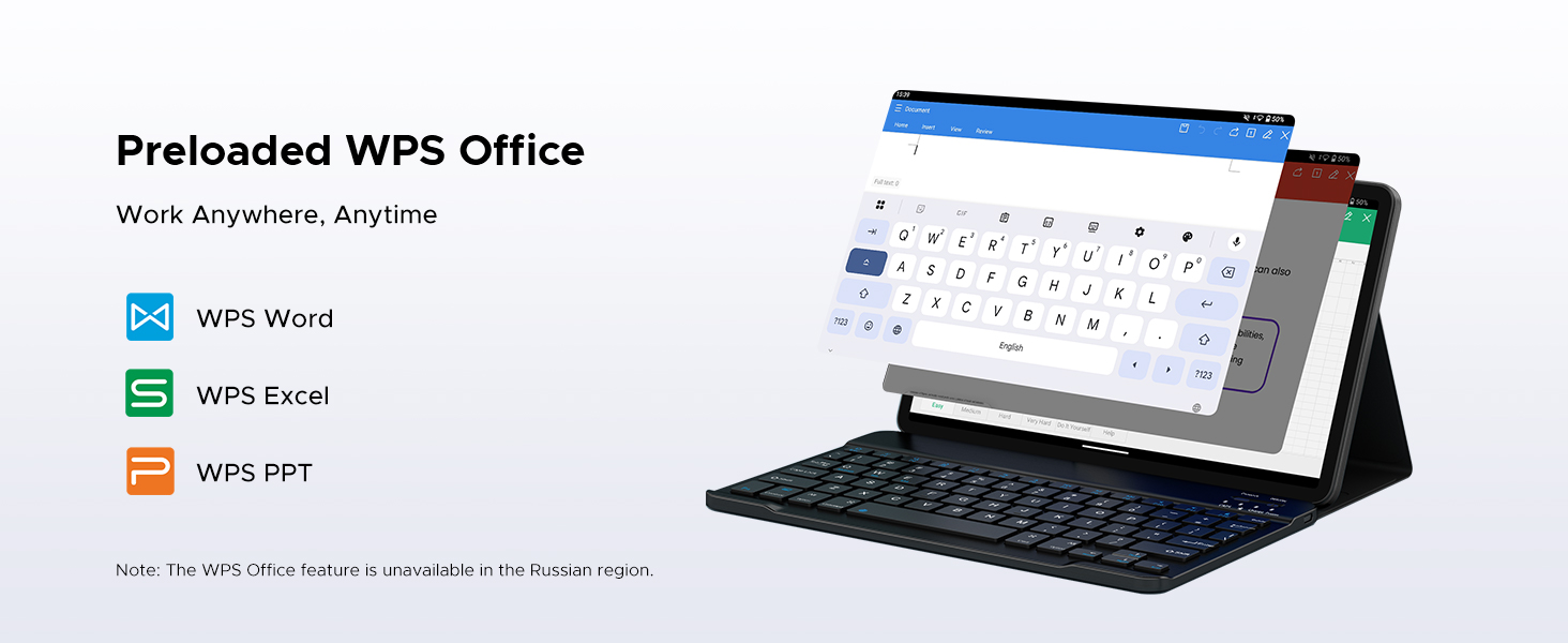 Text reads 'Preloaded WPS Office'. Product demonstration showing mobile device with keyboard accessory and software interface display.