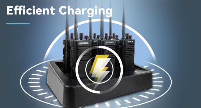 Multi-device charging station with black docks arranged in a circular pattern. Central lightning bolt icon indicates efficient charging capability.