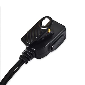 Black wireless earbud with over-ear hook design. Features a round in-ear speaker and curved flexible ear hook for secure fit during activities.