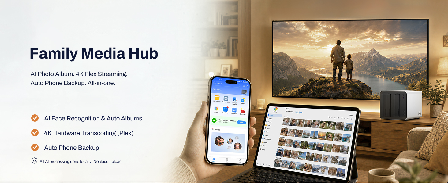 Text reads 'Family Media Hub' with bullet points listing features. Image shows hands holding smartphone displaying photos, tablet, and wall-mounted television in home entertainment setup.