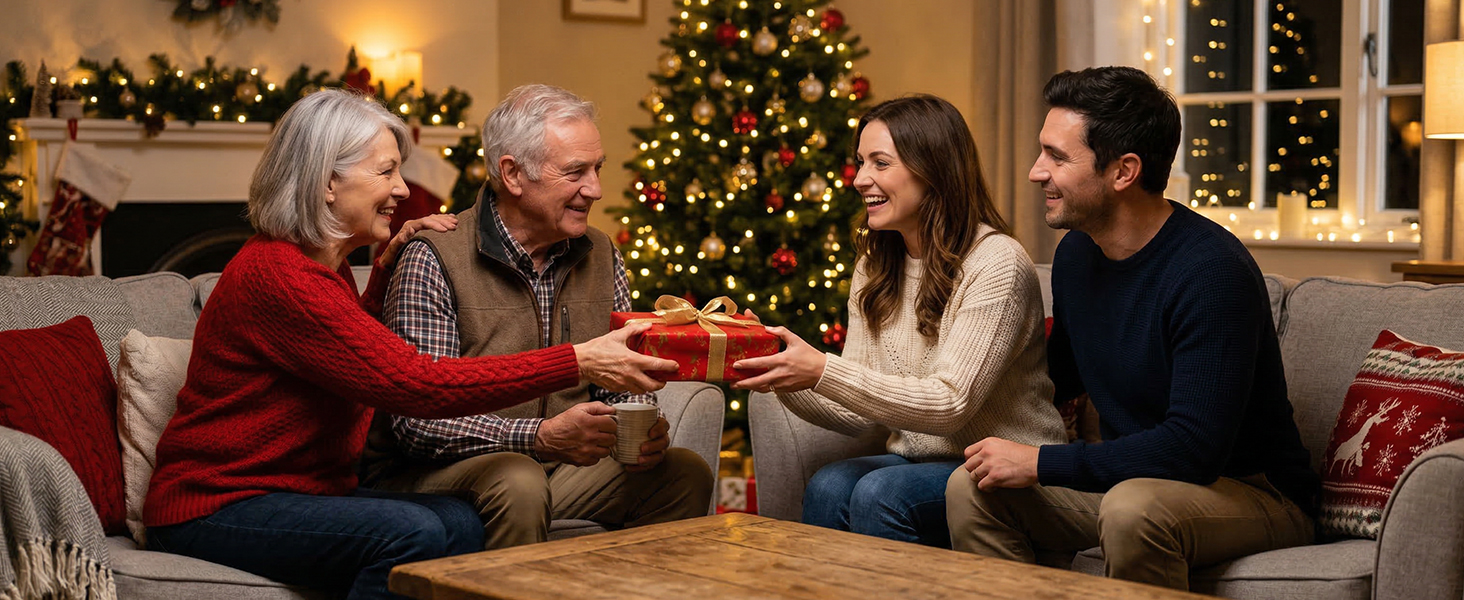 Indoor holiday scene with Christmas tree in background, showing group interaction in living room setting with gift exchange.
