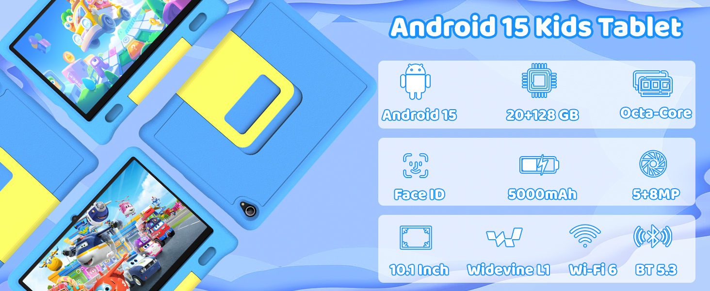 Text reads 'Android 13 Kids Tablet' with specifications icons below on blue background. Tablet shown at top with colorful apps displayed, featuring parental control and educational content features.