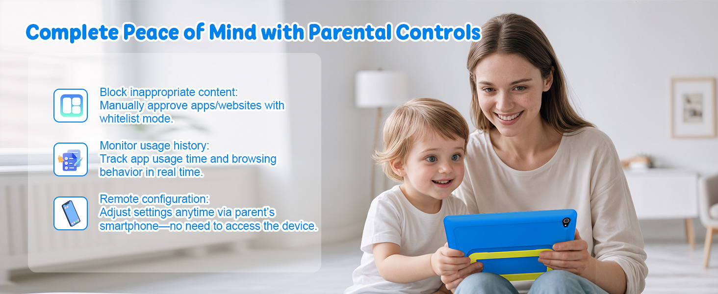Text reads 'Complete Peace of Mind with Parental Controls'. Marketing image showing mobile device usage with blue icons displaying parental control features on left side.