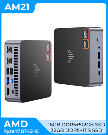 Text reads 'H1', 'AMD Ryzen 7 7735HS', '16GB DDR5+512GB SSD', '2.5D IPS'. Small black compact desktop computer with orange accent trim and ventilation mesh on sides.