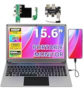 Text reads '1080P', '5.6', 'PORTABLE', 'MONITOR', 'IPS'. Portable display monitor shown connected to laptop, featuring slim design and connection ports.