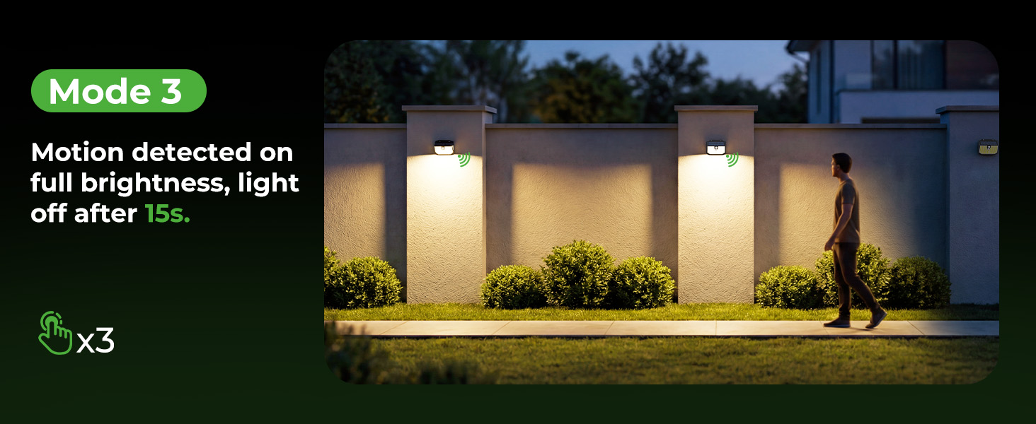 Text reads 'Mode 3' and 'Motion detected on full brightness, light off after 10s'. Outdoor security lights illuminating garden wall at night.