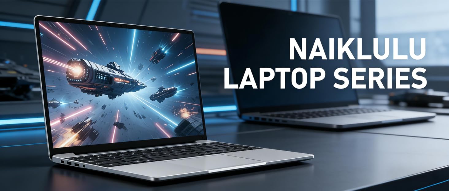 Text reads: 'NAIKLULU LAPTOP SERIES' Banner showing multiple gaming laptops with blue lighting effects and dramatic space battle scenes on screens.