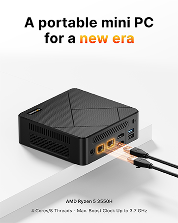 Text reads 'A portable mini PC for a new era'. Marketing image sequence showing blue-tinted portable computing device from multiple angles.
