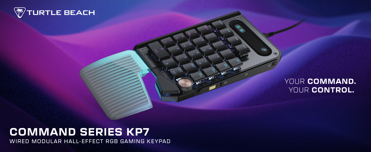 Text reads 'TURTLE BEACH', 'YOUR COMMAND. YOUR CONTROL.', 'COMMAND SERIES KP7.' Black compact gaming keypad with detachable cyan modules displayed on purple gradient background.
