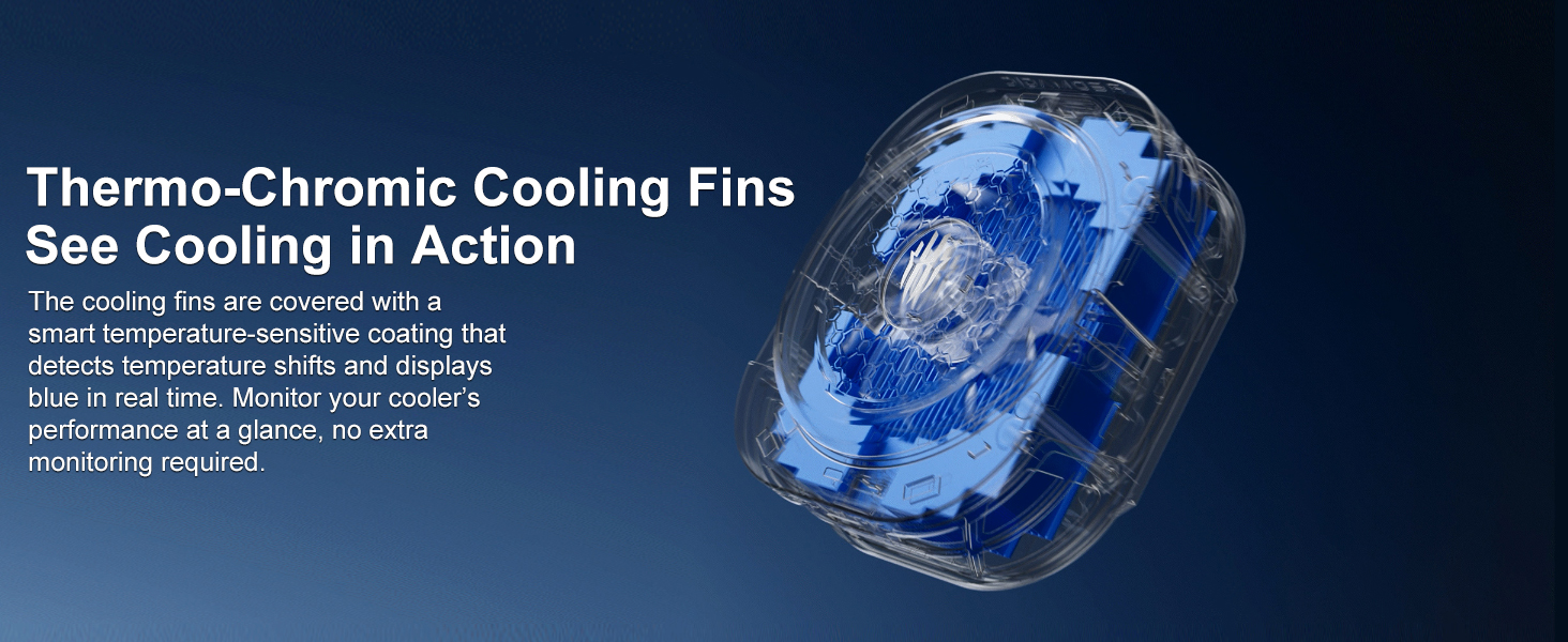 Text reads 'Thermo-Chrome Cooling Fins See Cooling in Action'. Blue globe-shaped device with thermal cooling fins visible, demonstrating heat dissipation technology through visual color-changing display.