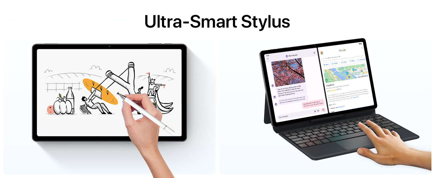 Dual-panel image showing a tablet with stylus for drawing and a laptop-tablet hybrid device. Text reads 'Ultra-Smart Stylus'.