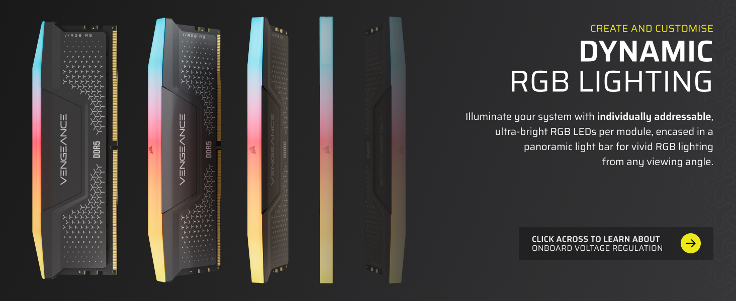 Text reads 'DYNAMIC RGB LIGHTING'. Series of illuminated gaming or entertainment setup photos showing multicolored LED lighting effects against dark backgrounds.