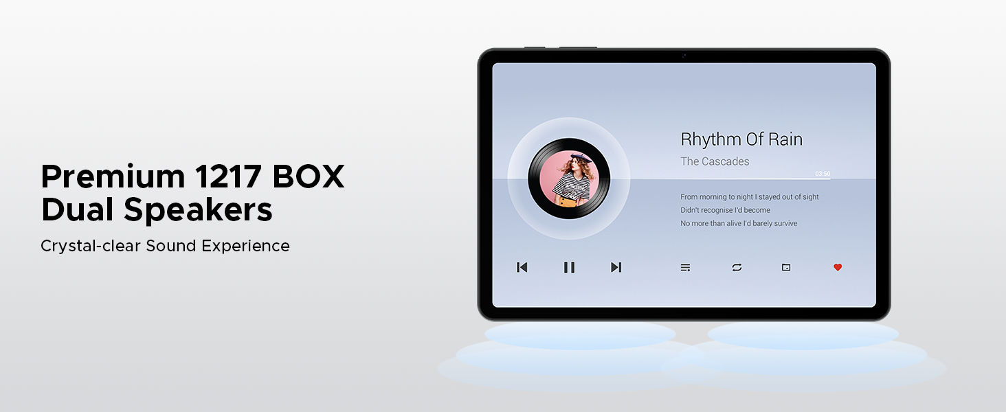 Text reads 'Premium 1217 BOX Dual Speakers' and 'Crystal clear Sound Incredible Volume'. A digital display device shown with audio player interface on screen.