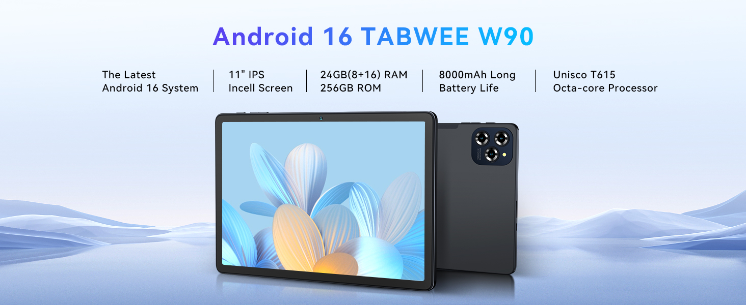 Text reads: 'Android 16 TABWEE W90'. Product image showing tablet device with blue wave design background.