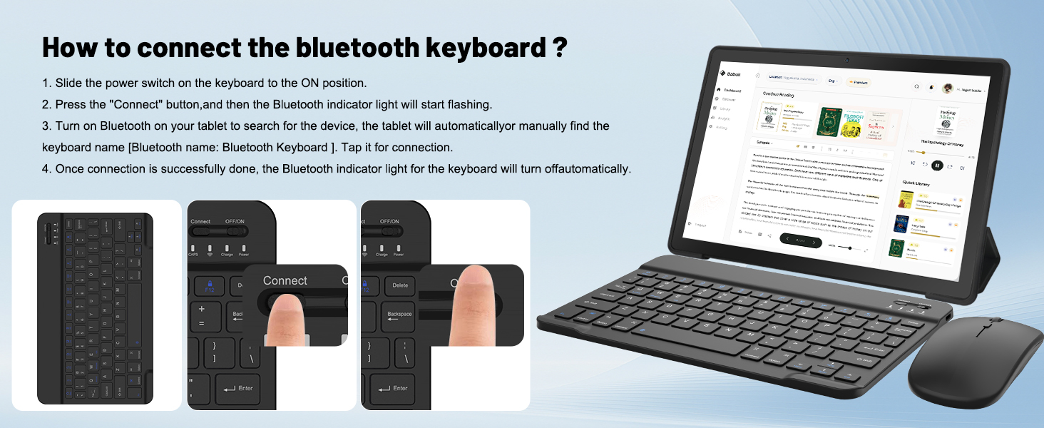 Text reads 'How to connect the bluetooth keyboard?'. Black wireless keyboard and mouse shown with connection instructions. Tablet displaying setup interface in background.