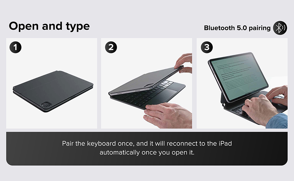 iPad magnetic keyboard case shown attached to tablet. Man in red shirt using device at desk. Product enhances iPad functionality with sleek, detachable keyboard design.