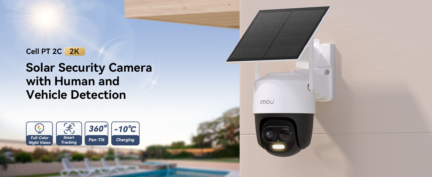 Text reads 'Solar Security Camera with Human and Vehicle Detection' with WiFi, 4G, app, and night vision icons. White dome-shaped solar security camera mounted on pole.