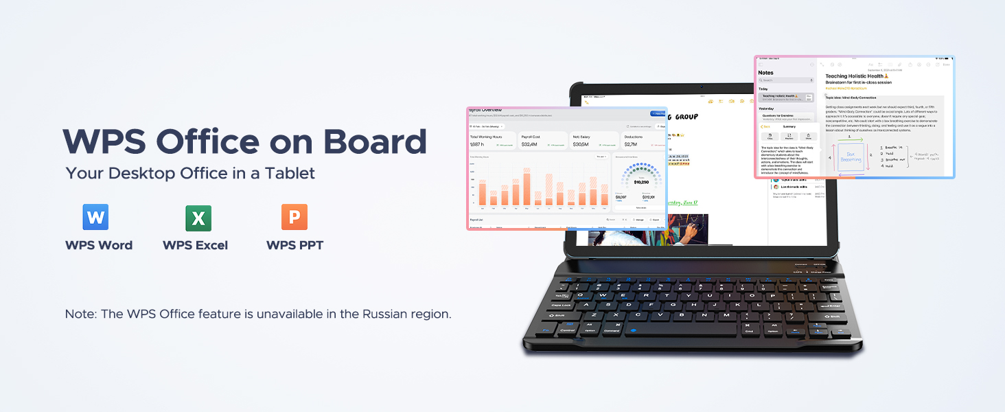 Text reads 'WPS Office on Board'. Laptop displaying office software interface with multiple document tabs and application icons visible on screen.