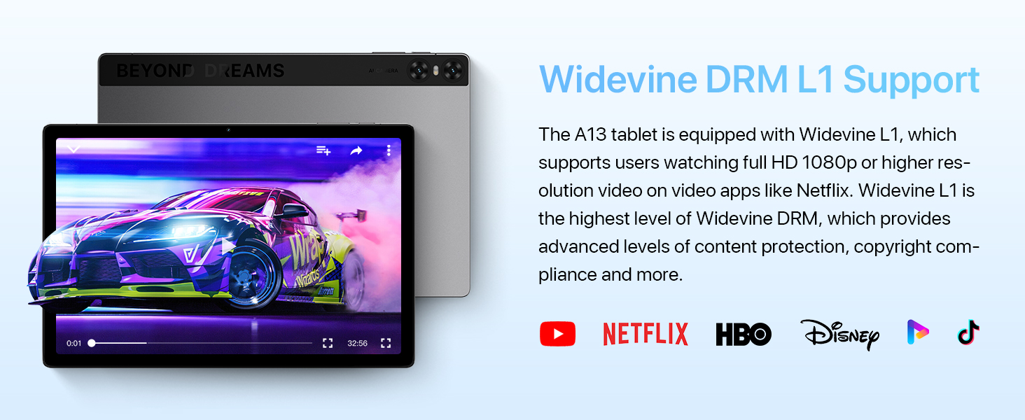 Laptop and tablet displaying colorful landscapes. Text mentions 'Widevine DRM L1 Support' and lists streaming services like Netflix, HBO, Disney+.
